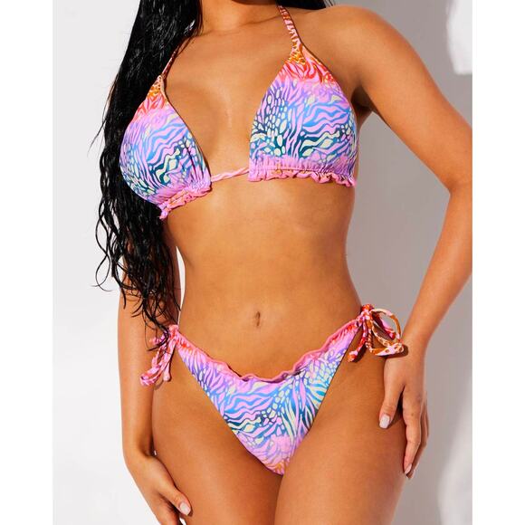 New Small Fashion Nova Pink Animal Print Bikini Swim Beach Side Tie Triangle - Picture 2 of 5